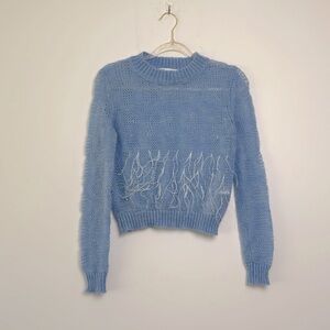 Zara| Light Blue Open Knit Sweater Wool Blend with Feathers sz small